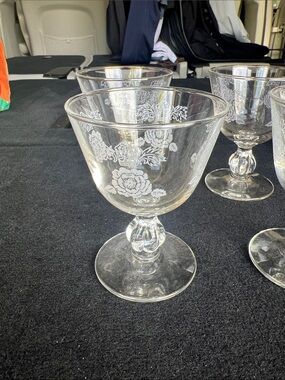 Libbey White Crown Rose  Queen Esther Etched Floral cordial Sherry glasses (4)